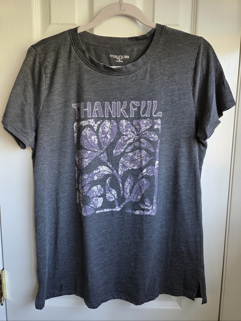 Maurices Charcoal Short Sleeve Tee with Purple 'Thankful' Graphic